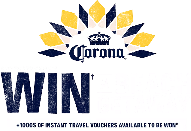 Corona promotional banner on black background with the brand logo at the top. Main copy: 'ENTER FOR YOUR CHANCE TO WIN A BEACH GETAWAY' and below '+1000S OF INSTANT TRAVEL VOUCHERS AVAILABLE TO BE WON'